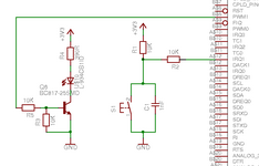 Schematic fragment of a simple switch circuit attached to IRQ0 and a simple LED circuit attached to PWM0