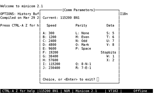 Minicom settings window