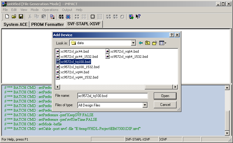 Selecting the CPLD BSDL file in impact