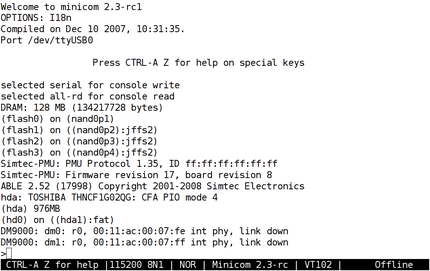 Minicom displaying ABLE output